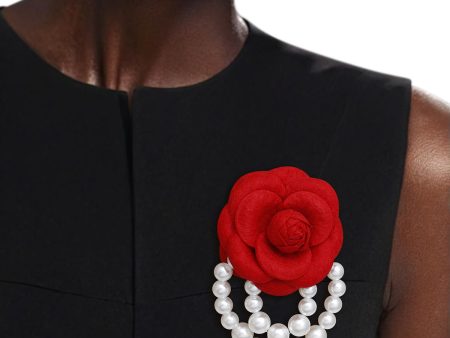 DST Sorority Red Flower Draped Pearls Brooch Pin Discount