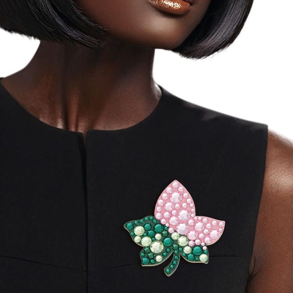 AKA Sorority Pink Green Ivy Leaf Wood Bling Brooch For Sale