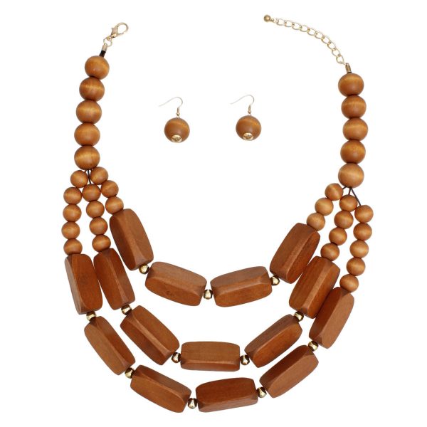 Beaded Necklace Brown Geo Wood Bead Set for Women on Sale