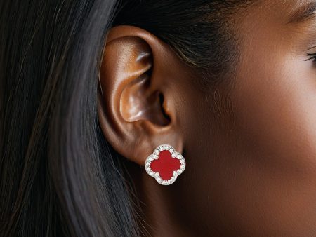 DST Red Silver Rhinestone Clover Stud Earrings For Sale