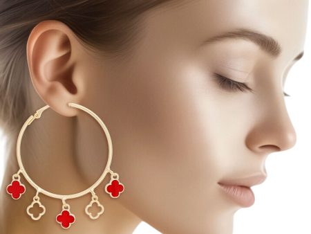 Hoops Gold Red Clover Dangle Charms Earrings Women Cheap