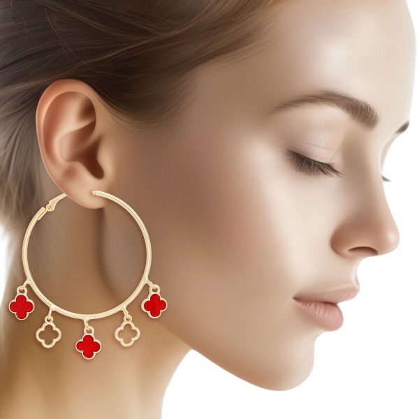 Hoops Gold Red Clover Dangle Charms Earrings Women Cheap