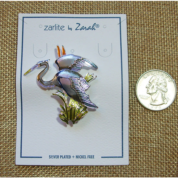 Zarah Great Blue Heron Bird Pin Enameled Sterling Silver-Plated Discount