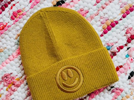 Cause I’m Happy Embroidered Ribbed Knit Beanie For Sale