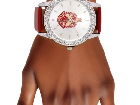 DST Red Leather Silver Sun Cut Dial Watch Women Supply