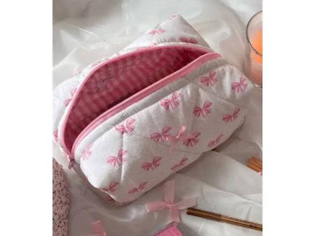 Bow Knit Zipper Quilted Makeup Bag Sale