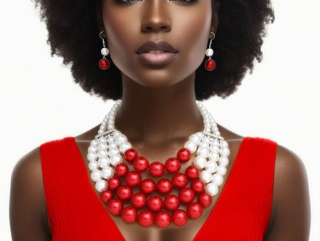 DST Chunky Red White Pearl Bib Necklace Set Discount