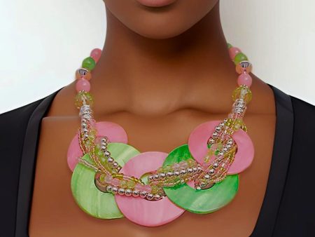 Pink and Green Beaded Disc Necklace Set Fashion