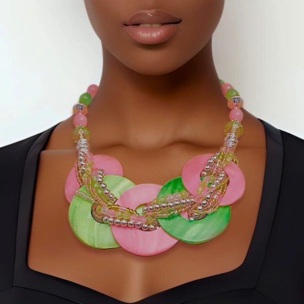 Pink and Green Beaded Disc Necklace Set Fashion