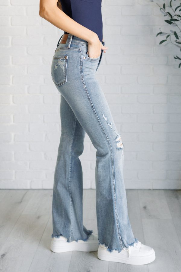 Caroline Mid Rise Control Top Distressed Flare Jeans Online Sale