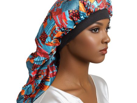 Braids Bonnet Cap Teal African Tribal Print Unisex Online now