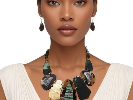 Bib Marbled Camo Green Link Necklace for Women Cheap