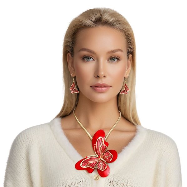 Necklace Red Butterfly 3D Pendant Set Women Online