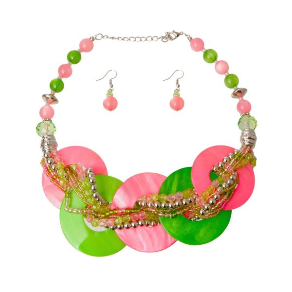 Pink and Green Beaded Disc Necklace Set Fashion