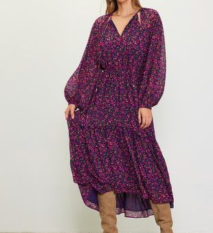 LONG SLEEVE CHIFFON FLORAL PRINT SPLIT NECK DRESS Online now