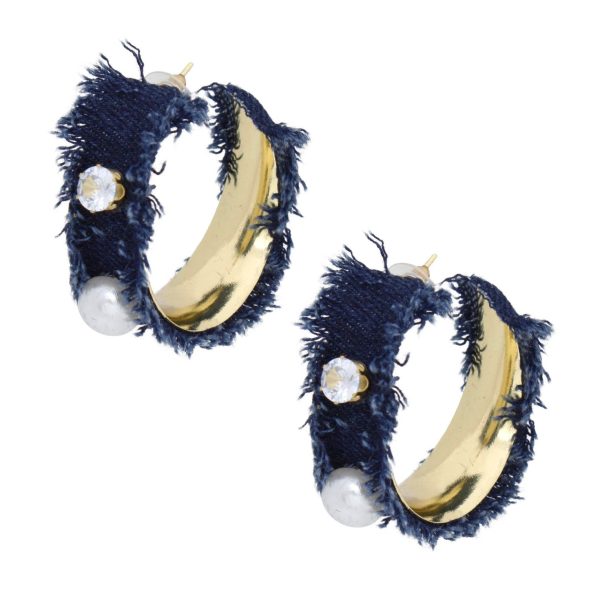 Hoop Gold Frayed Denim Pearl Rhinestone Earrings Hot on Sale