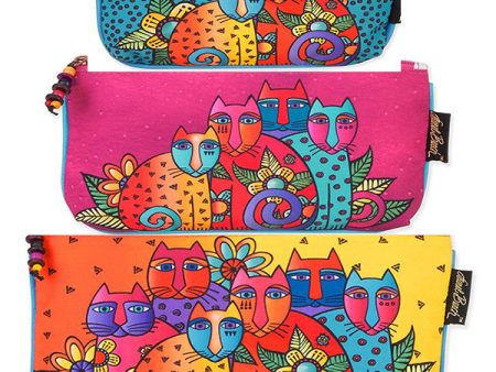 Laurel Burch Cat Feline Clan Set of 3 Multi-Color Cotton Cosmetic Bag Pouches Online now