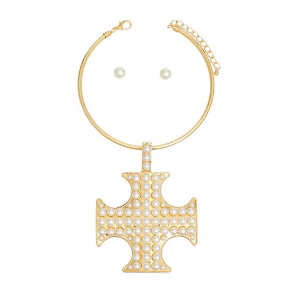 Pendant Gold Pearl Cross Pattee Necklace for Women on Sale