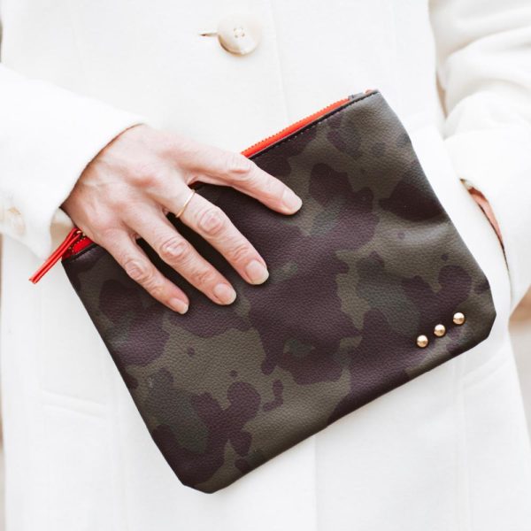 Gia Camo Faux Leather Clutch Online Sale