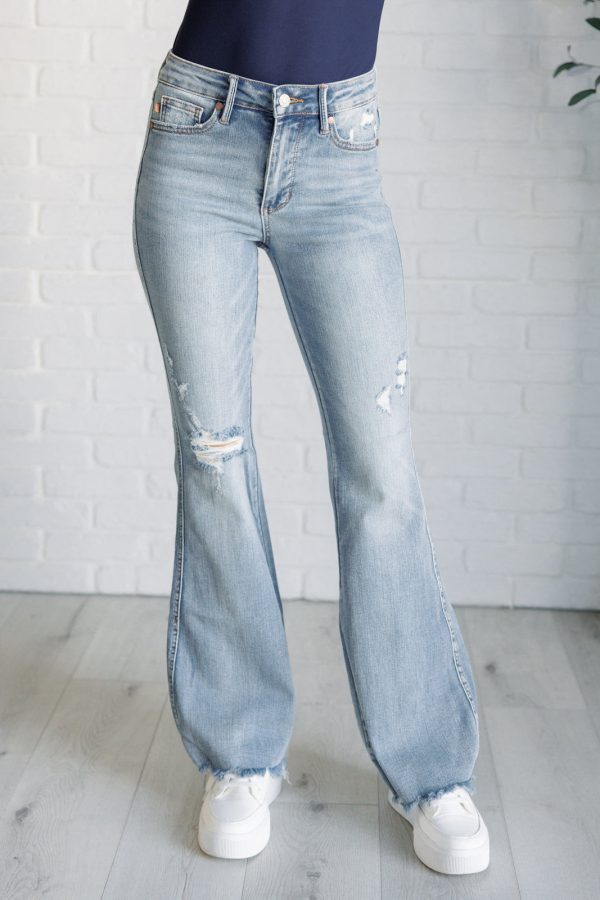 Caroline Mid Rise Control Top Distressed Flare Jeans Online Sale