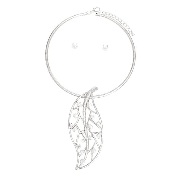 Necklace Silver Rhinestone Leaf Pendant Set Women Hot on Sale