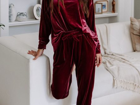 Red Solid Velvet Two Piece Lounge Set on Sale