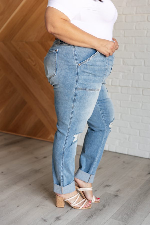 Aiden High Rise Patch Pocket Distressed Boyfriend Jeans on Sale