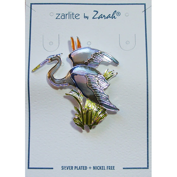 Zarah Great Blue Heron Bird Pin Enameled Sterling Silver-Plated Discount