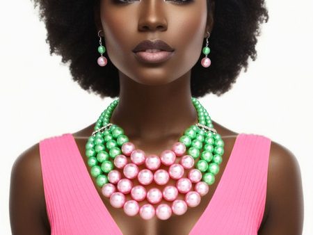 AKA Chunky Pink Green Pearl Bib Necklace Set Online Hot Sale