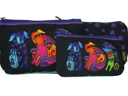 Laurel Burch Dog & Doggies Set of 3 Multi-Color Cotton Cosmetic Bag Pouches For Cheap