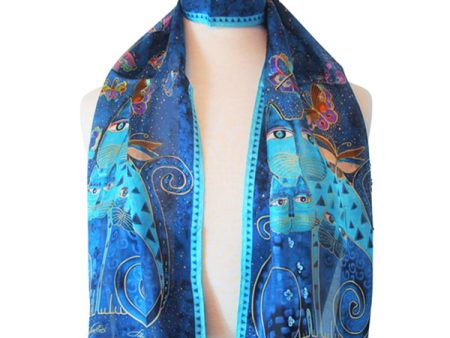 Laurel Burch Indigo Cats & Butterflies Art 100% Silk Scarf on Sale