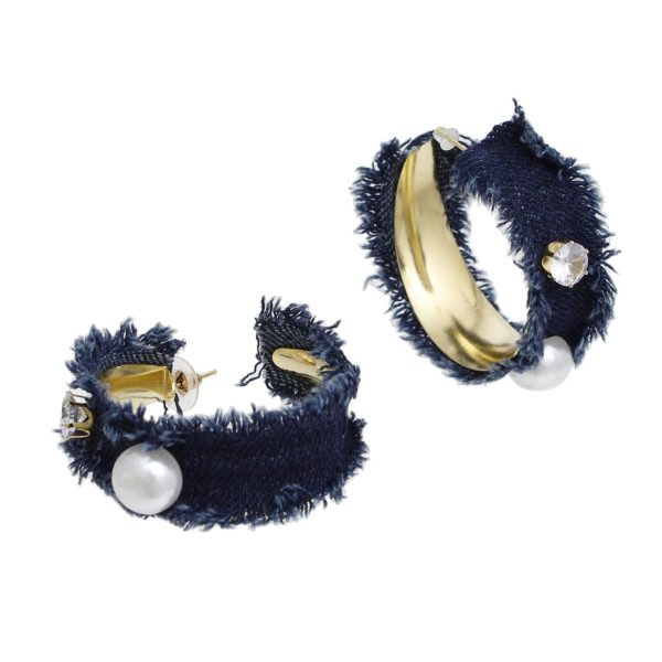 Hoop Gold Frayed Denim Pearl Rhinestone Earrings Hot on Sale