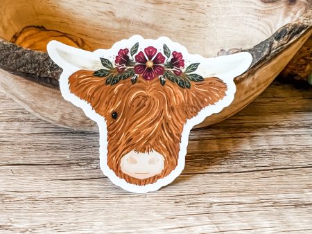 Highland Cow & Flower Crown Vinyl Sticker Cheap