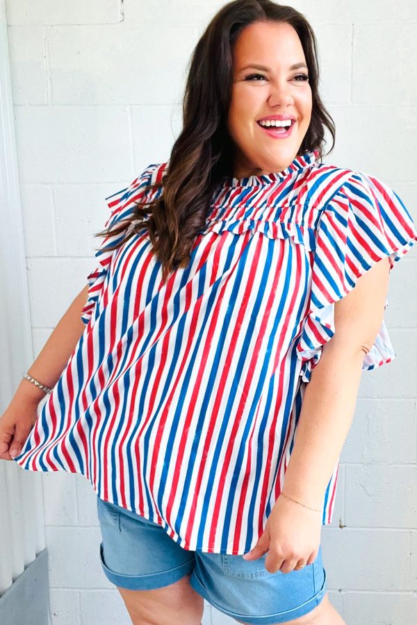 American Summer Striped Flutter Sleeve Top Discount