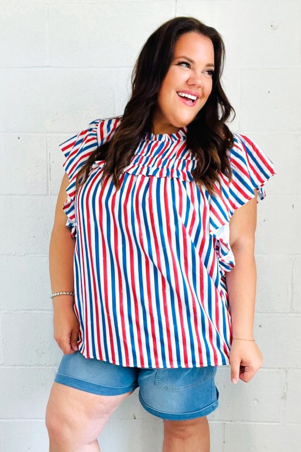 American Summer Striped Flutter Sleeve Top Discount