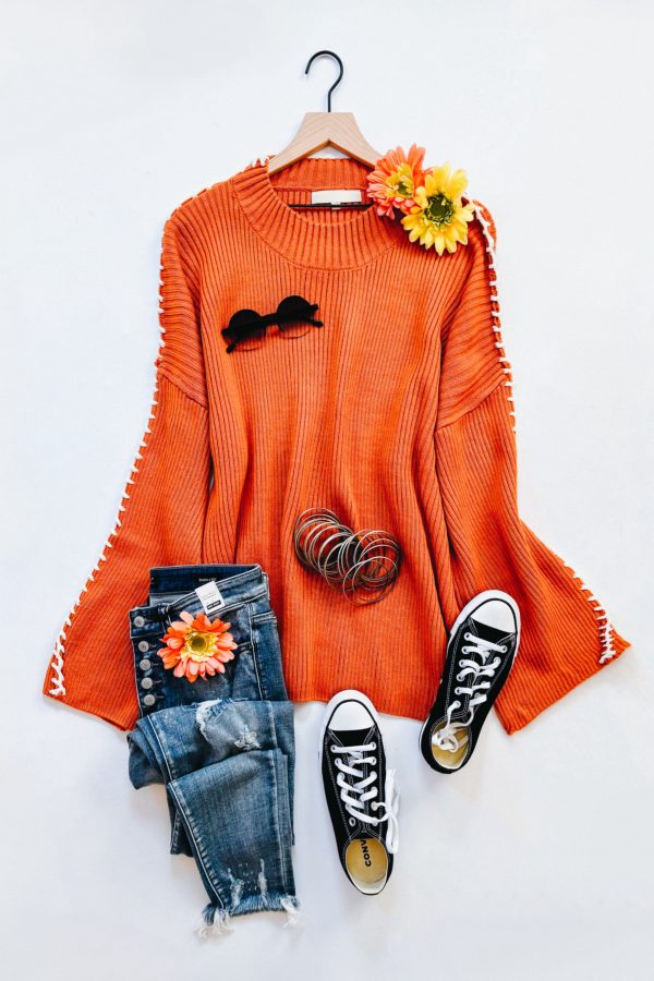 All I Got Rib Knit Stitch Detail Sweater • Rust Online Sale