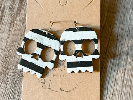 Black & White Stripe Skull Earrings on Sale