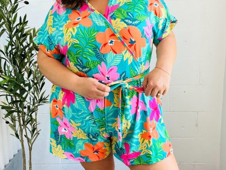 Tropical Vibes Floral Surplice Tie Waist Romper Online now