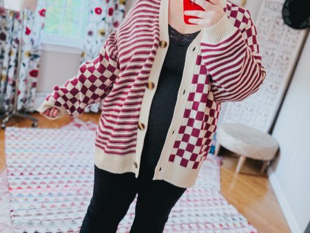 Dixie Checkered & Striped Button-Down Cardigan • Magenta Sale