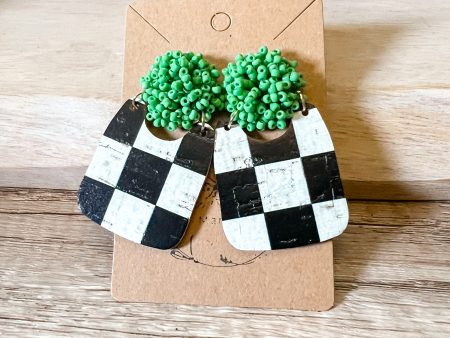 Checkered Green Beaded Hoop Earrings For Cheap