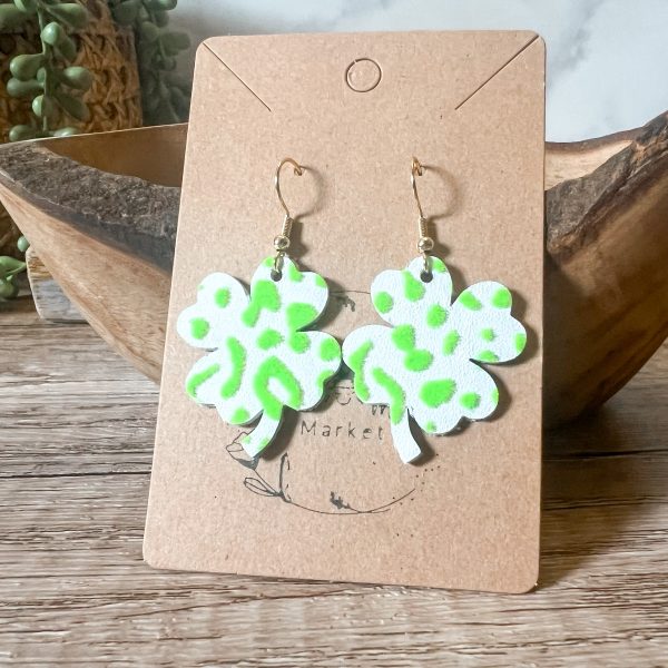 Neon Green Raised Leopard Shamrock Earrings Discount