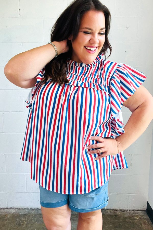 American Summer Striped Flutter Sleeve Top Discount