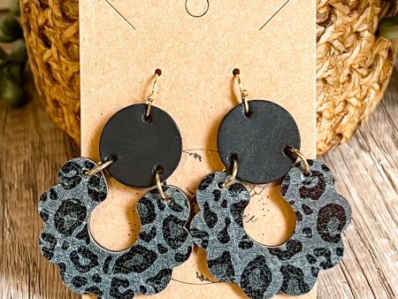 Black Animal Print Scalloped Leather Earrings Supply