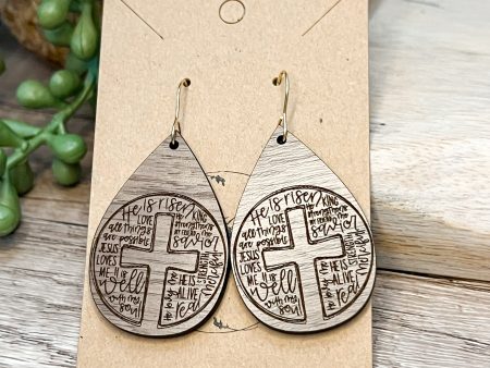 He is Risen Wooden Cross Teardrop Earrings For Discount