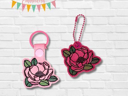 Peony snap tab and eyelet fob machine embroidery file (single and multi files included) DIGITAL DOWNLOAD Online